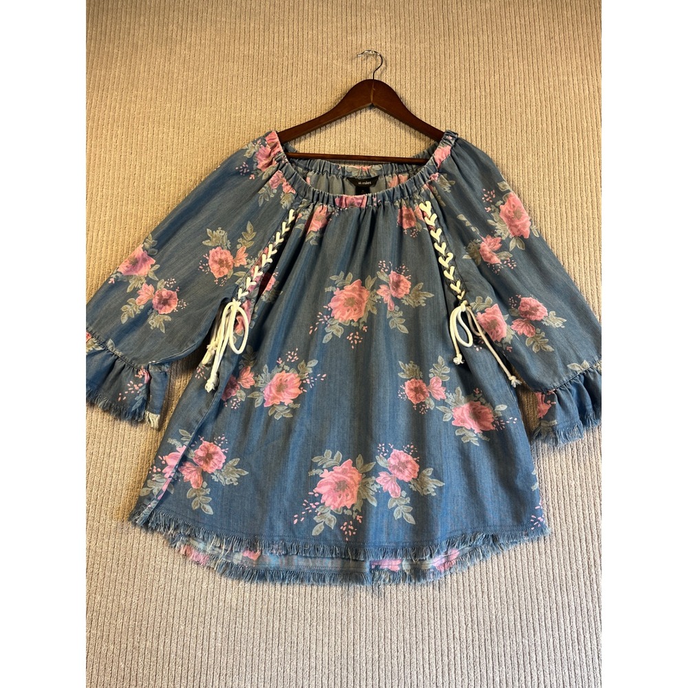 Ali Miles Top Womens XL Cottagecore Chambray Floral Tencel Blue Pink Bell Sleeve